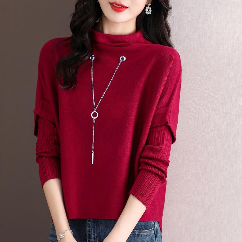 Женская трикотажная базовая рубашка с полувысоким воротником, модели весна-осень, новая, с длинным рукавом, комбинированная, имитация двойки, топ, короткий свитер