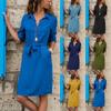 (Great home)Ladies Casual 3/4 Sleeve Solid Color Shirt Pullover Tie Button Mid Waist Dress