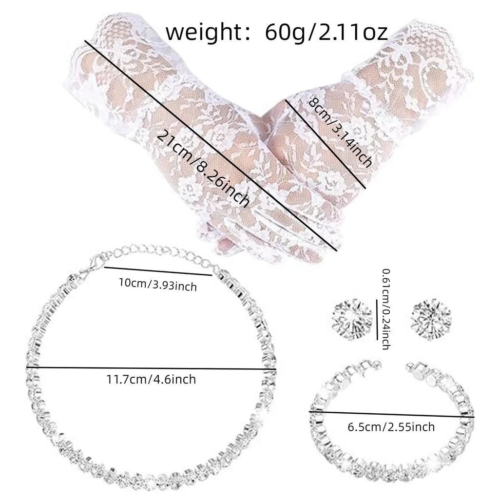Children Lace Trim Crystal Rhinestone Necklace Set with Short Gloves , 4 - Piece Girl Jewelry for Party Gift