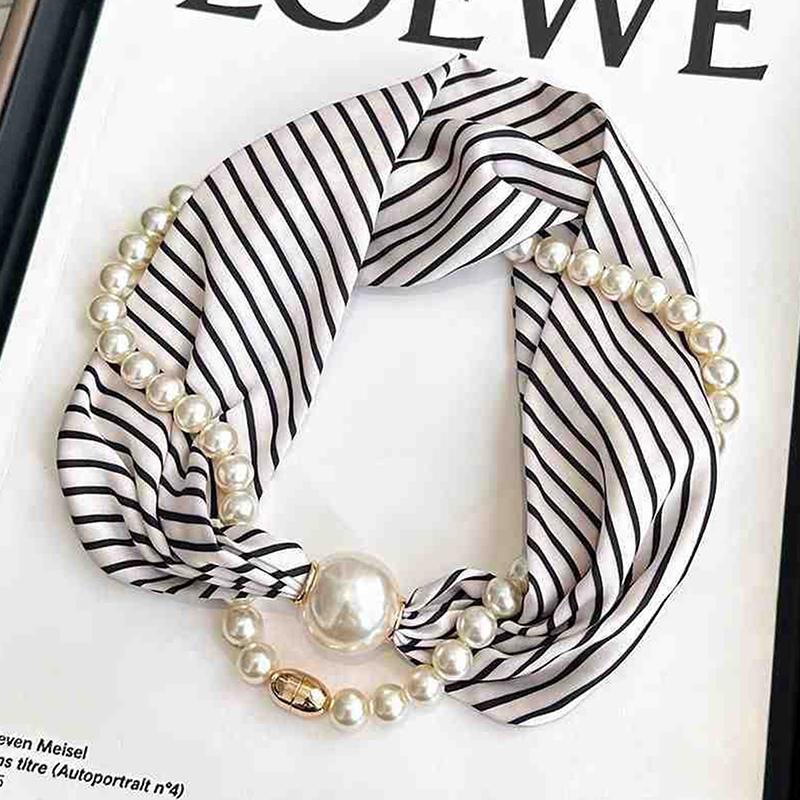 Magnetic Narrow Elegant Satins Neck Scarf Wrap With Pearls Chain Necklace And Buckle For Women Vintage Floral Silk Neckerchief