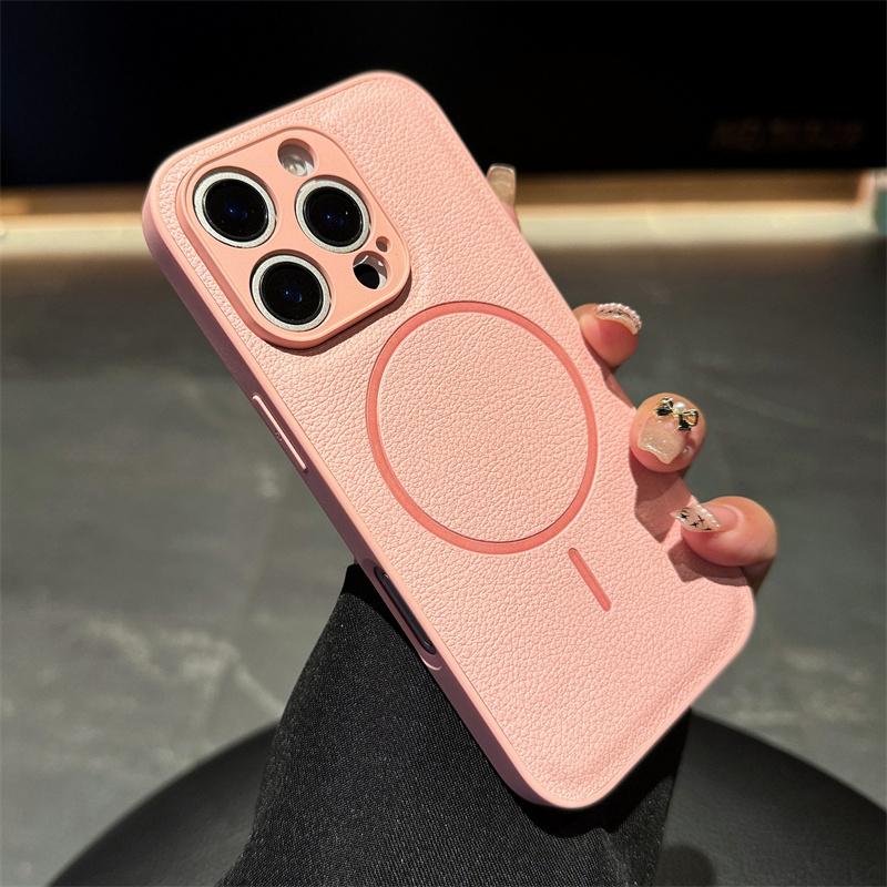 Solid Color Pu Leather Texture Magsafe Matte Case For iPhone 16 15 14 Plus 13 12 Pro Max Magnetic Wireless Charge Bumper Cover