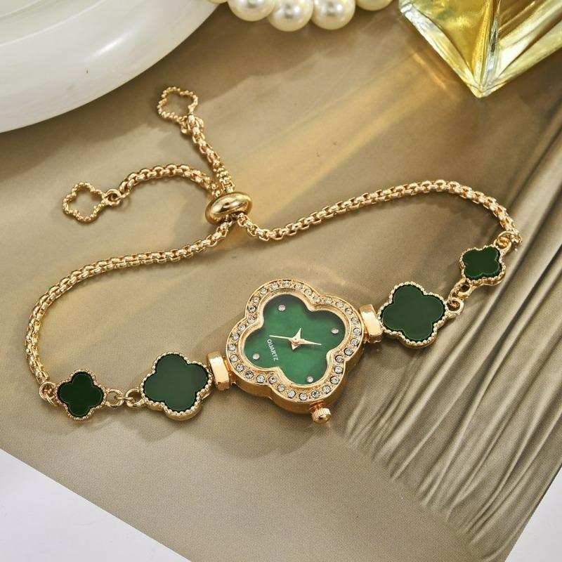 Ленивый Pull Браслет-часы Четырехлистник Женский Зеленый Инкрустированный Алмазами Легкая Роскошь Нишевый Высококачественный Темперамент Изысканный