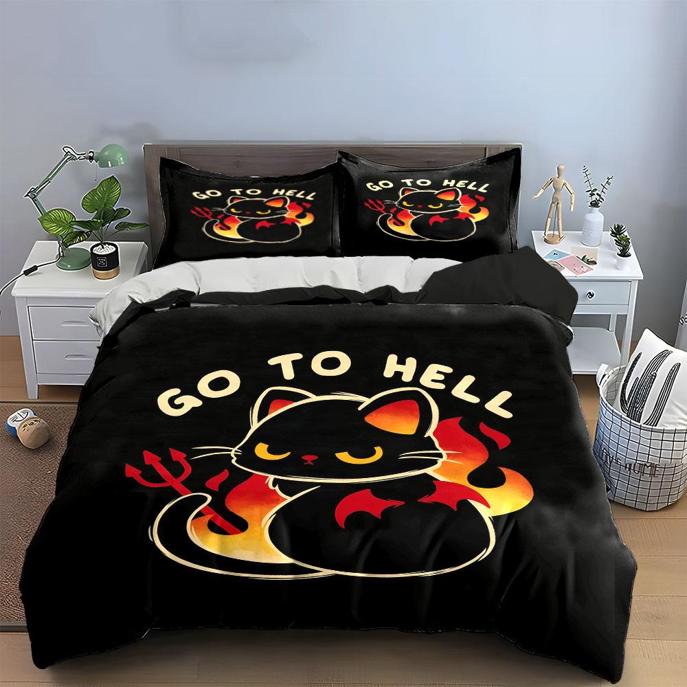 "Devil Cat Decor Set" Bedding Set with 1 Duvet Cover 2 Pillowcases Single Double King Queen, Gift