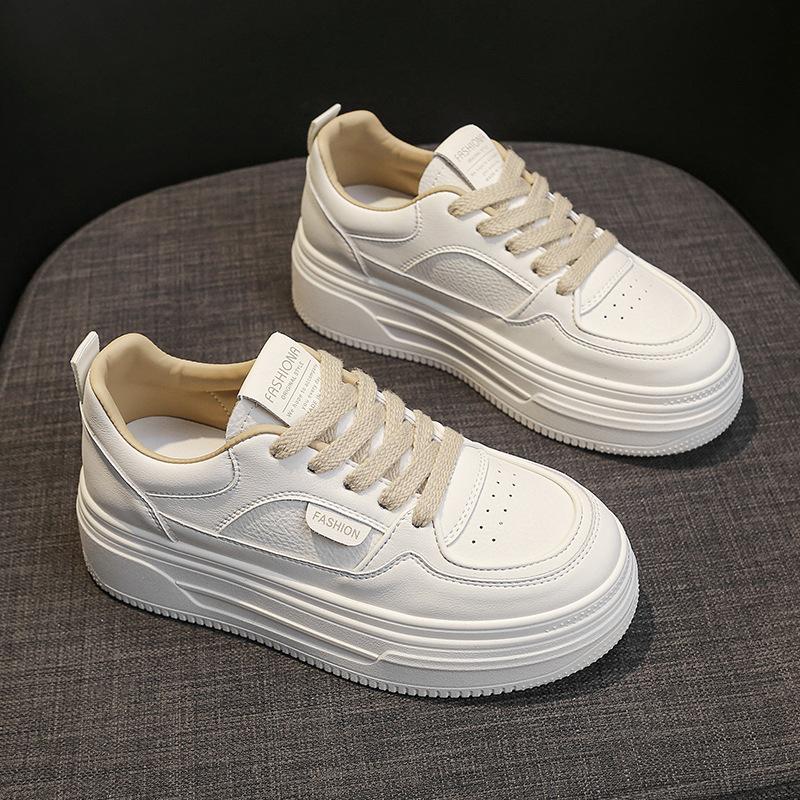 Leather Little White Shoes Women's 2025 Spring New Popular Muffin Shoes Women's Shoes Thick Sole Heightening Casual Sports Board Shoes