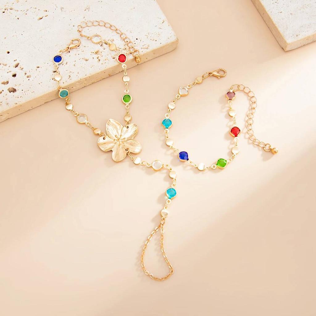 SHIXIN Trendy Colorful Crystal Long Y-Shaped Necklace Metal Flower Bracelet Collarbone Chain Summer Party Bohemian Jewelry Set