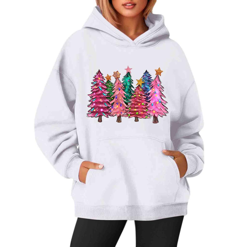 Women's Sweatshirts O-neck Long Sleeve Christmas Printed Top Solid Color Hoodie