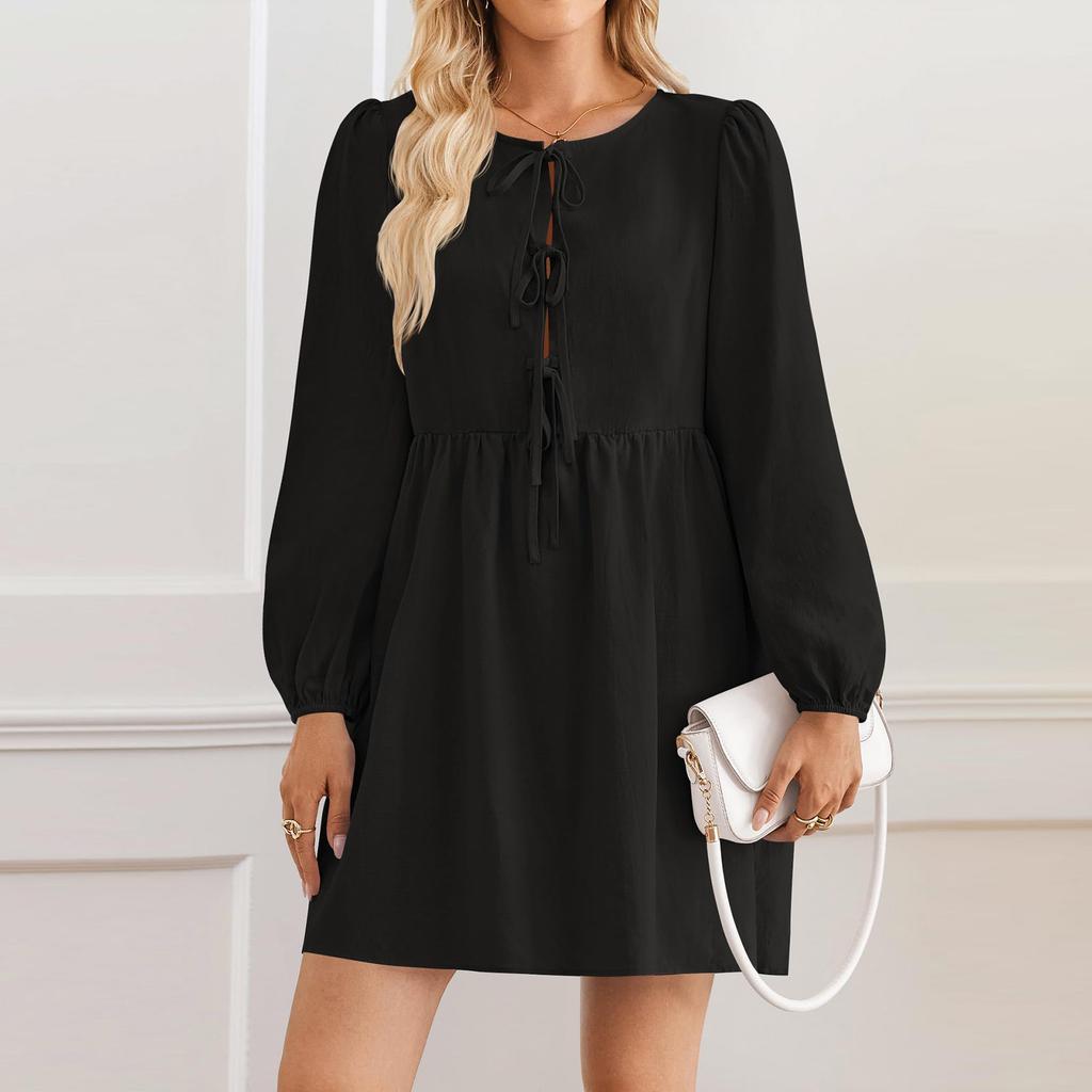 Women's Casual Fashion Lace-up A-line Pleated Long-sleeved Solid Color Short Dress