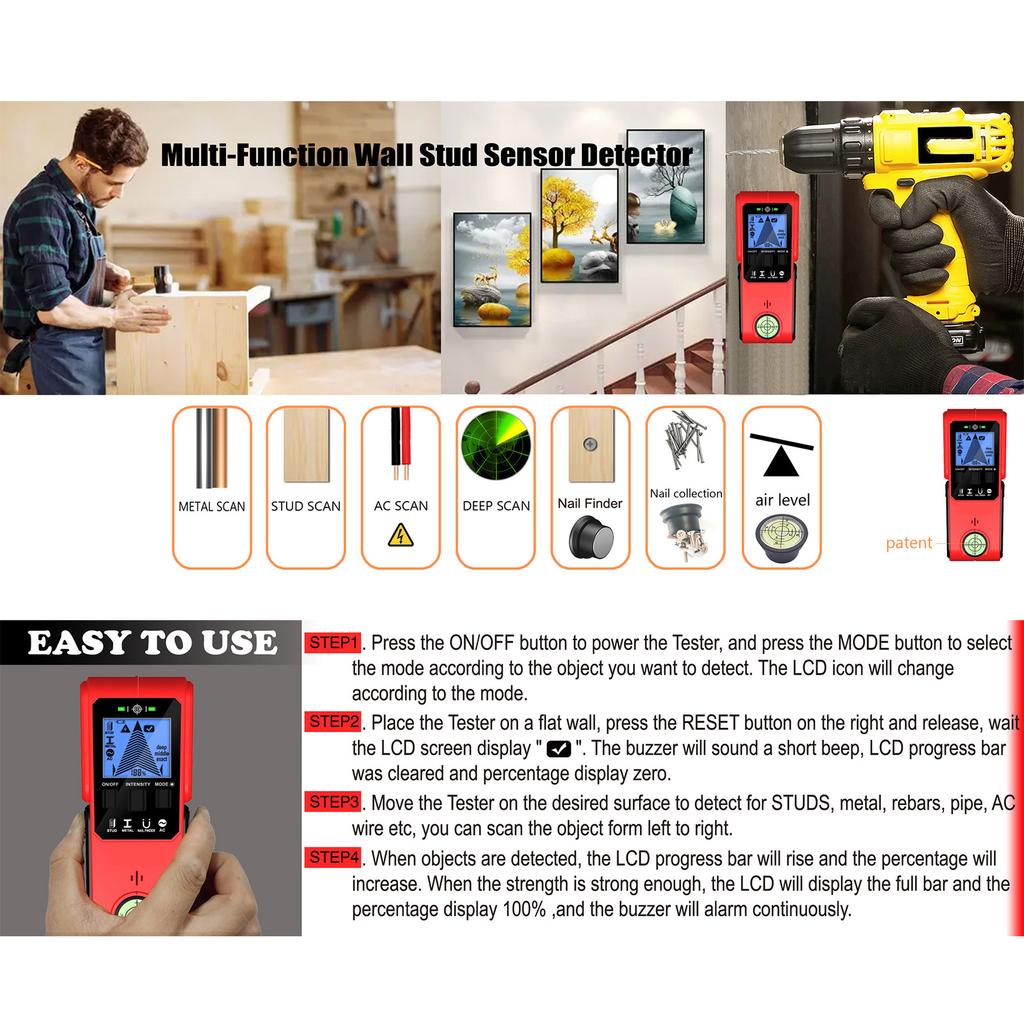 Усовершенствованный портативный сканер для проводов и труб, детектор стен для легкого обнаружения металлических труб и электропроводки. Прост в использовании.