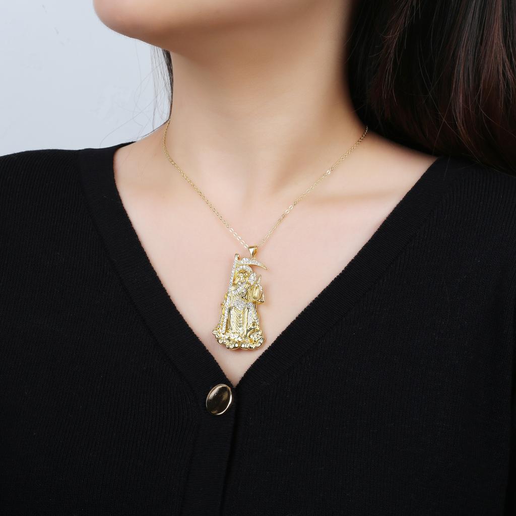 Gold-Plated Grim Reaper Zirconia Pendant Necklace Religious Cross Neck Choker Fashion for Men Women Party Jewelry Accessories