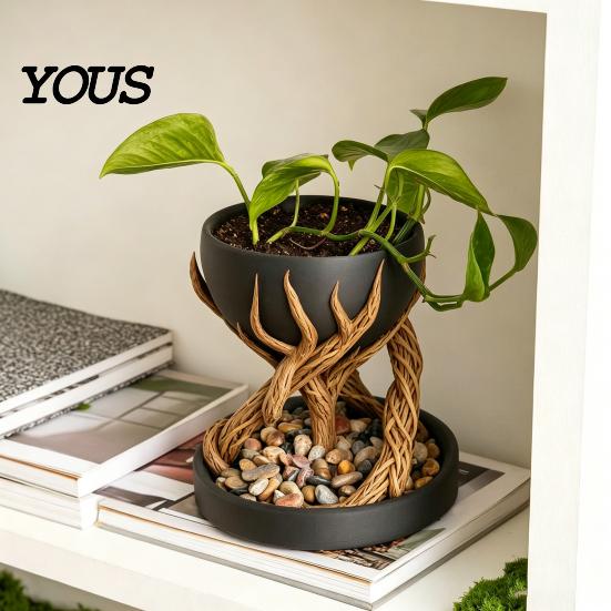 Indoor Plant Container 3D Printed Tree Root Planter, Bionic Wood Textured Flower Pot with Makeup Brush Organizer Drainage Hole, Succulent Desk