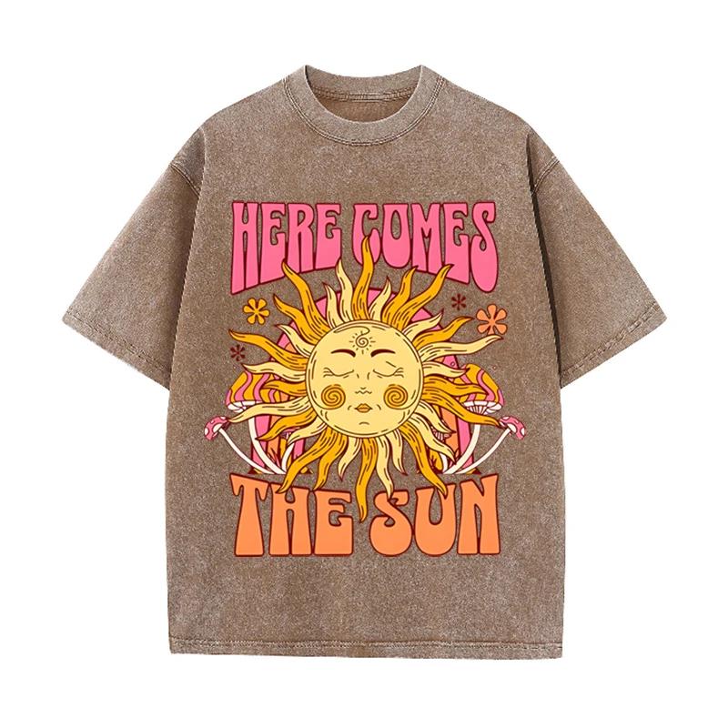 Винтажная черная футболка "Here Comes The Sun" Ретро Психоделическое Солнце Кислотная стирка