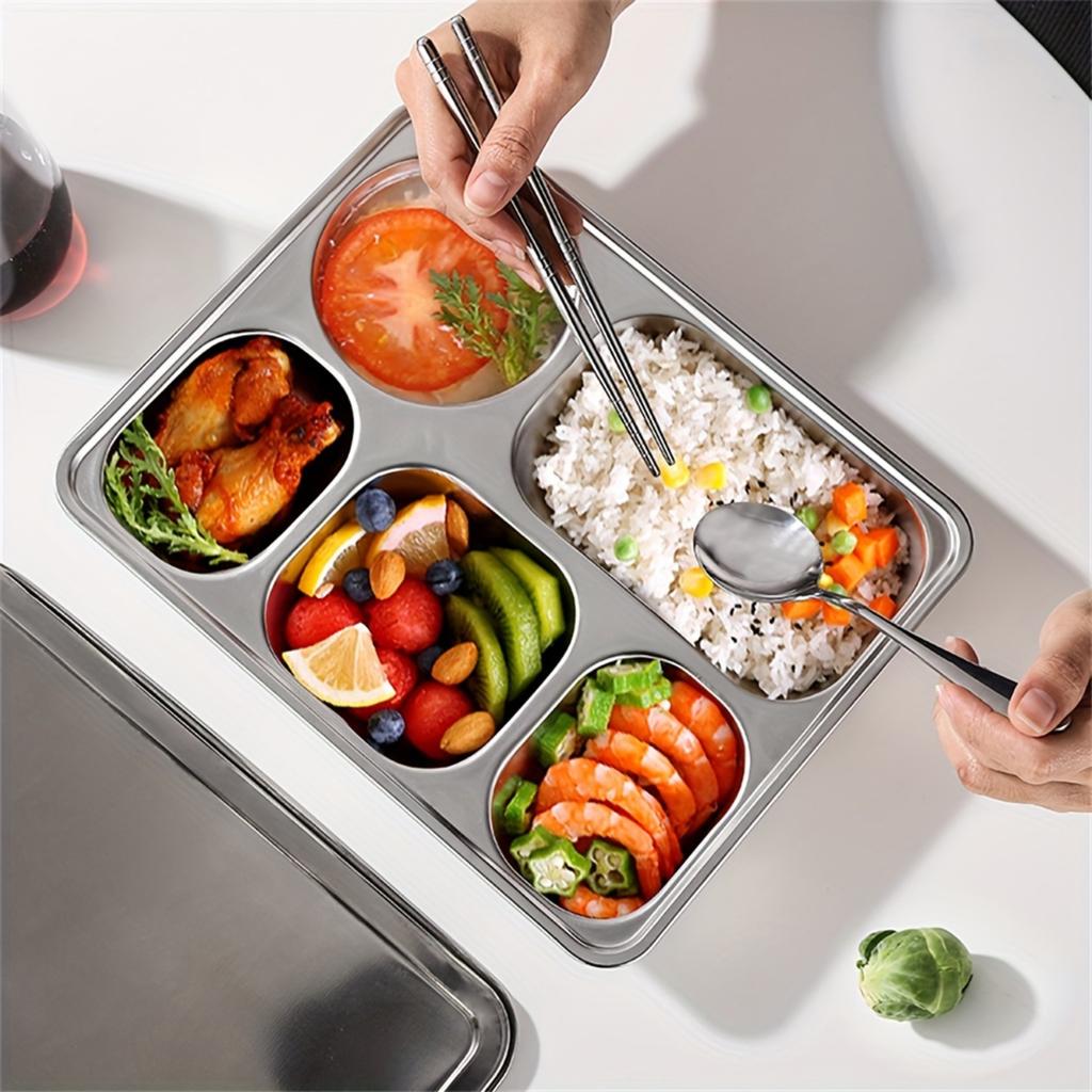 Разделенная тарелка из нержавеющей стали - поднос для школьных обедов с 5 отделениями, глубокая квадратная сервировка для блюд, можно мыть в посудомоечной машине