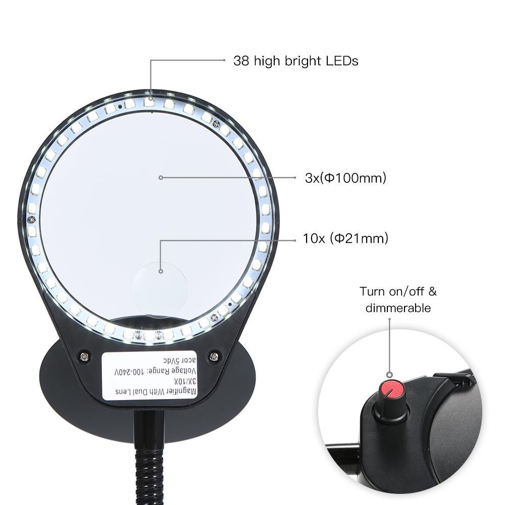 Tomshine LED 3X/10X Увеличительное стекло с зажимом, настольная лампа, лампа для стола, дизайн с увеличительной линзой, с подсветкой, регулируемая яркость