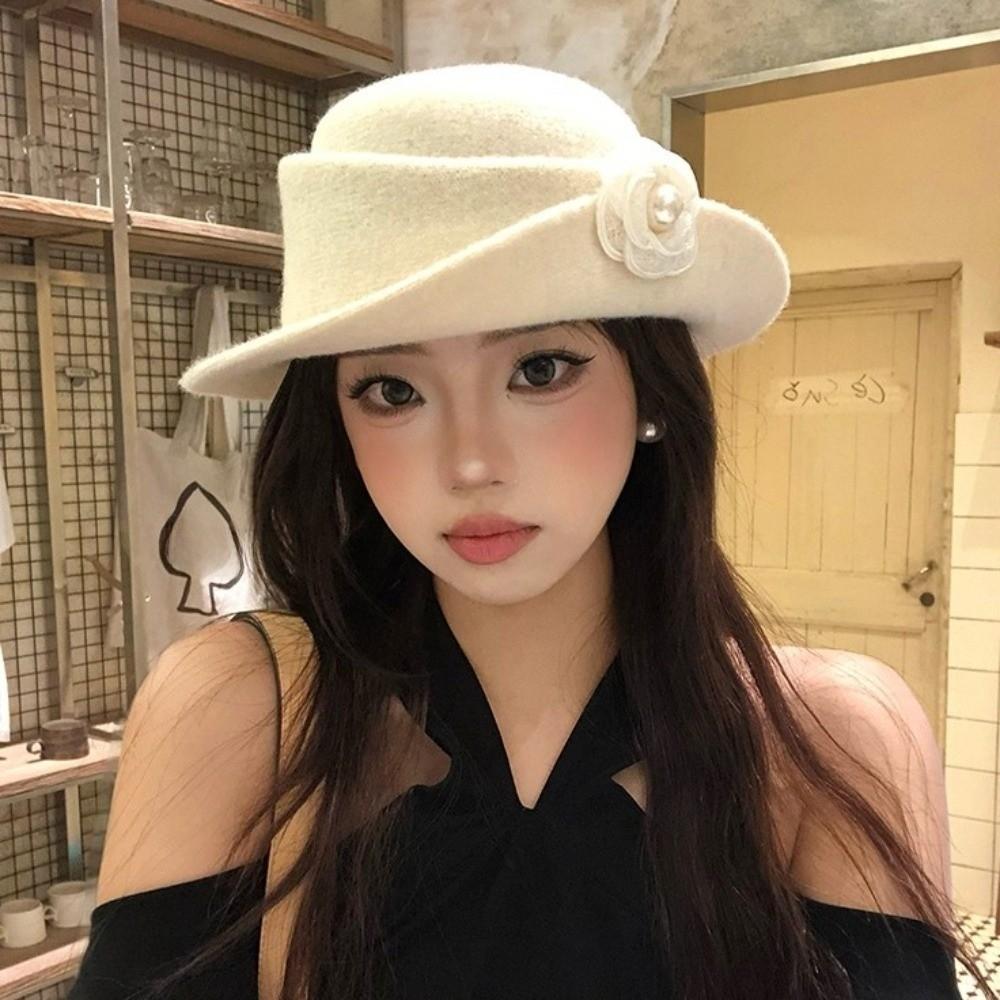 Woolen Black Felt Hat Flat-top Women Jazz Hat Fashion Hepburn Style Topper Hat  Bride