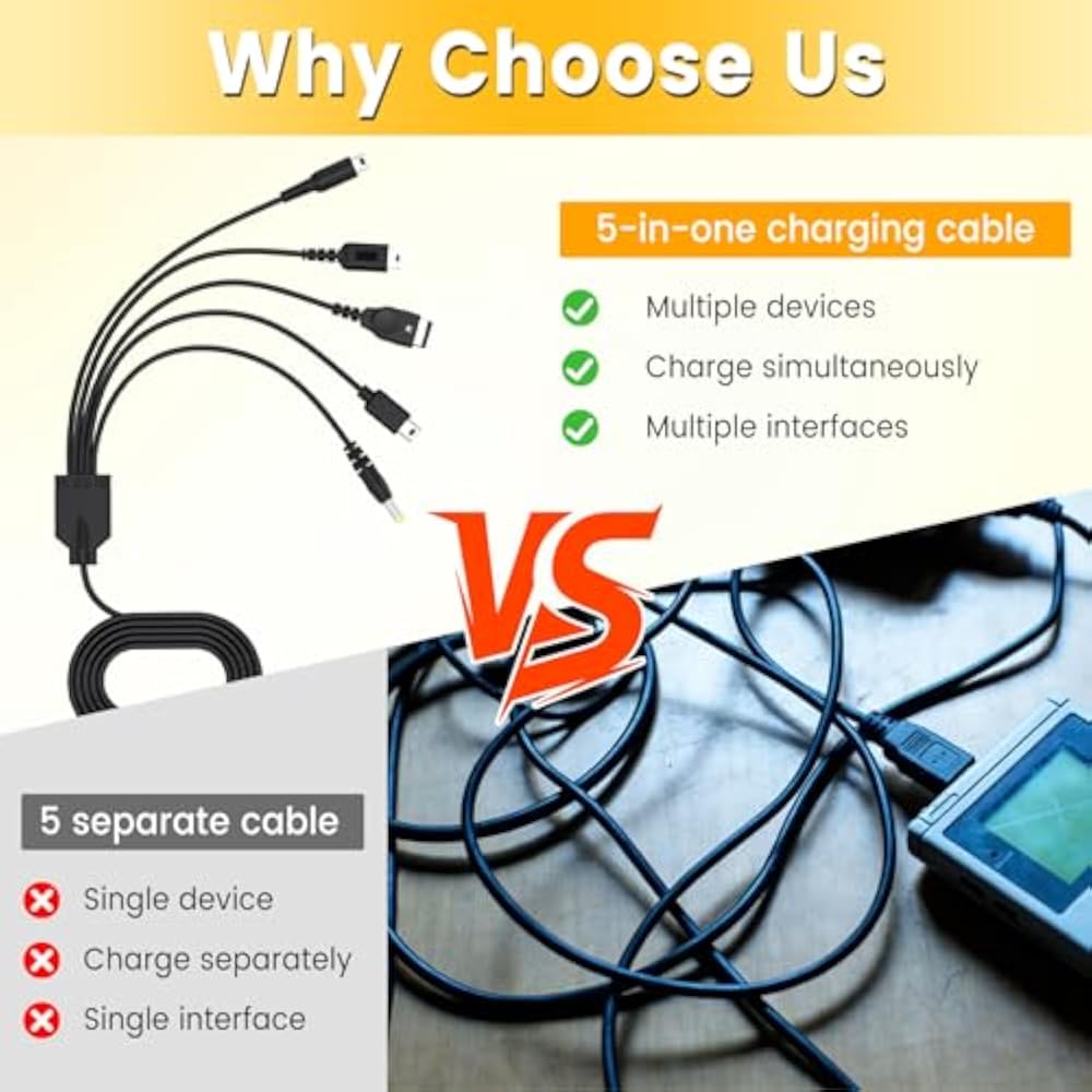 5-в-1 USB-кабель для зарядки 1,2 м для Nintendo New 3DS (XL/LL), 2DS, DSi (XL/LL), Wii U, PSP 1000/2000...