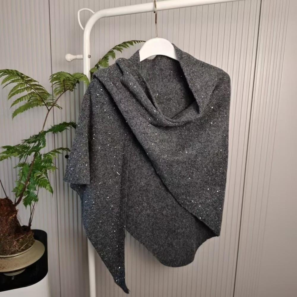Winter Warm Woolen Shawl High End Mongolian Poncho Women Fashion Sequin Triangular Scarf