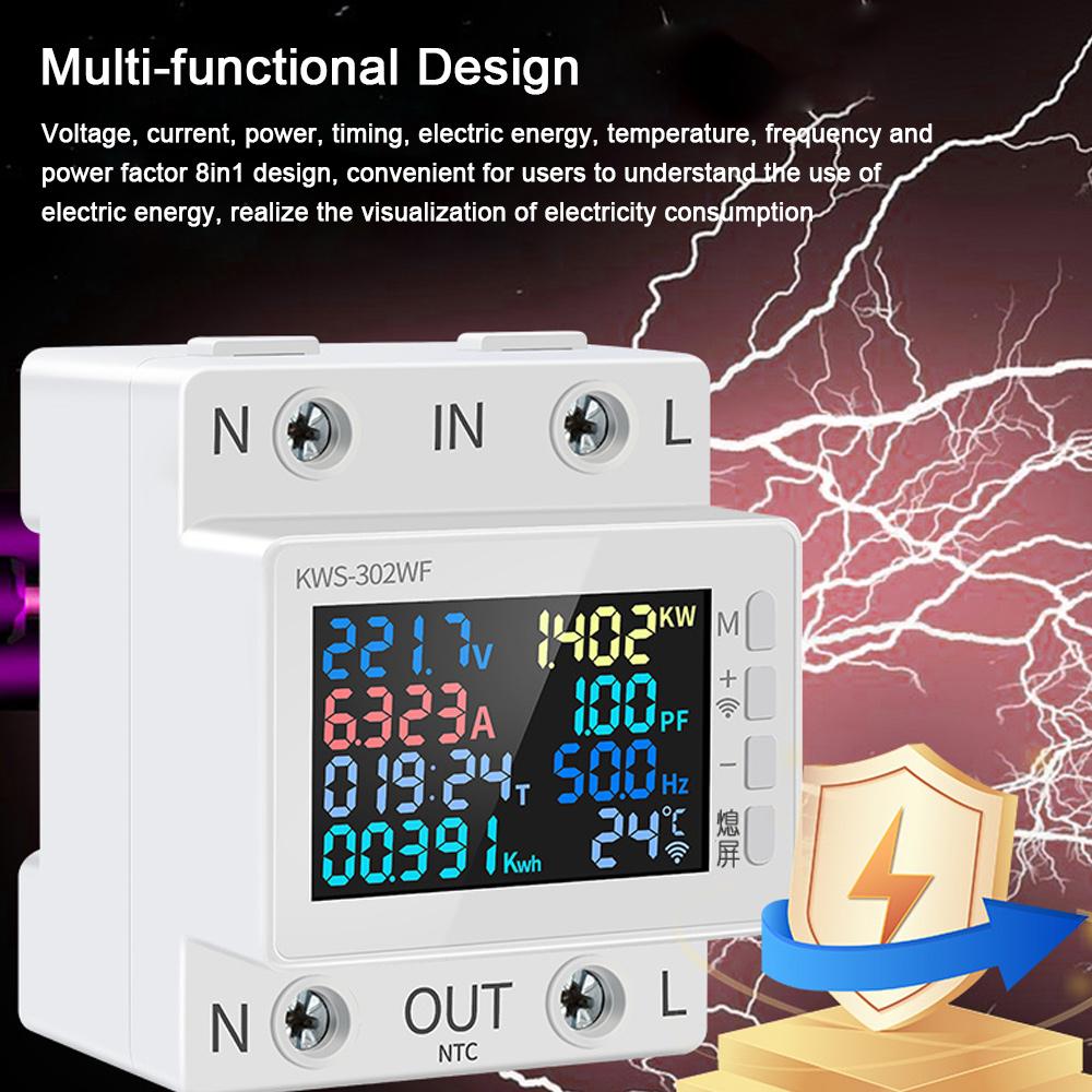 8in1 Power Meter Color Screen 2P Multifunction AC Energy Meter 170270V63A Voltage and Current
