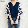Женская повседневная блузка с V-образным вырезом, принтом и рукавами 3/4, свободного кроя