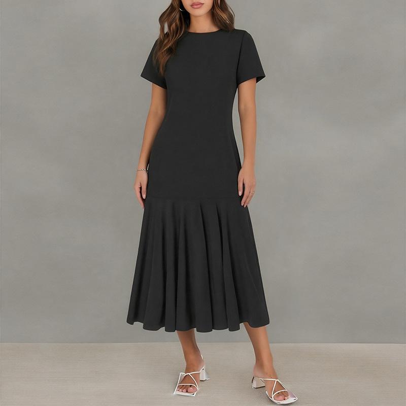 Spring new women's clothing, fashionable and elegant solid color splicing pleated slim dress