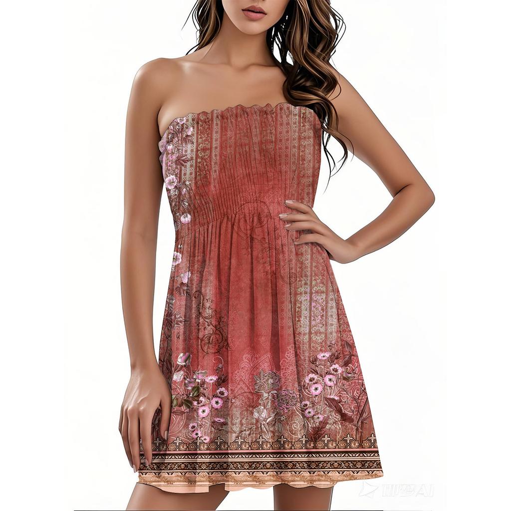 Модное женское повседневное платье-бандо с цветочным принтом без рукавов