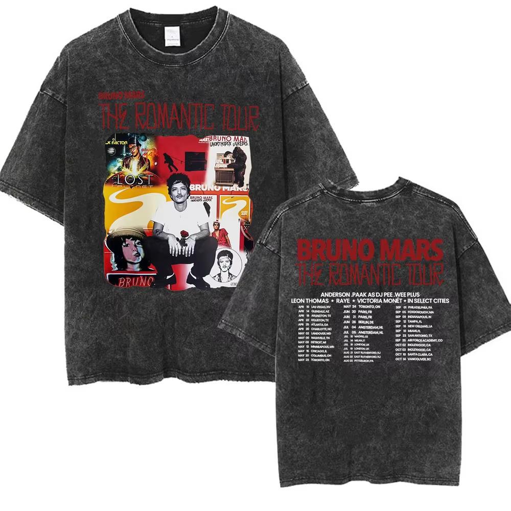 Bruno Mars The Romantic Tour 2026 Vintage Washed T Shirt Men Women Fashion Hip Hop Pop Music T-shirt Summer Casual Cotton Tshirt