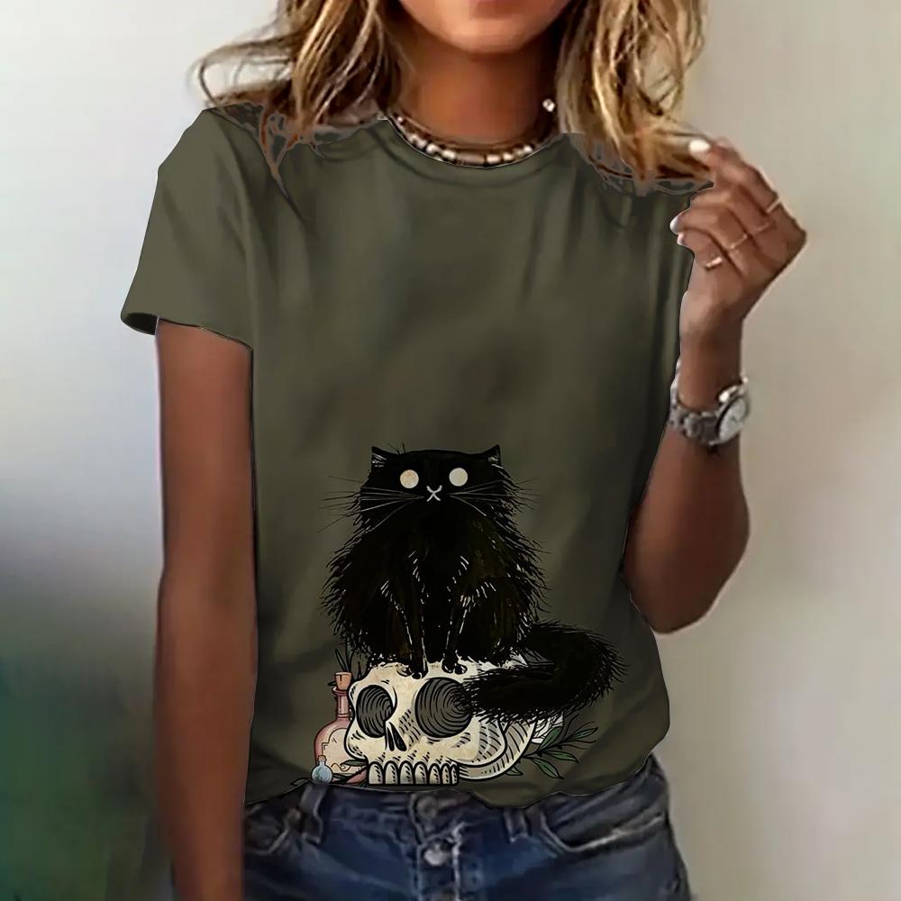 Футболка с 3D-принтом, женская одежда, летняя, с круглым вырезом, дышащая, с коротким рукавом, с милым рисунком кота, свободная, повседневная одежда, женская футболка