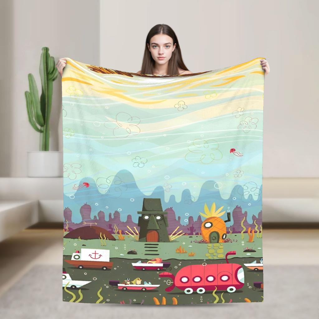 SpongeBob SquarePants Cartoon Blankets Squidward Flannel Funny Breathable Throw Blanket for Chair Covering Sofa Textile Decor