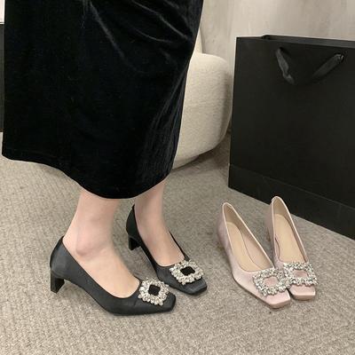 Французские атласные розовые туфли-лодочки 2024 со стразами, квадратный каблук, туфли для подружки невесты, квадратный носок, с мелким вырезом, на высоком каблуке