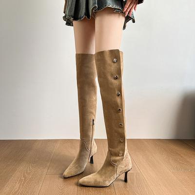 Высокие рыцарские сапоги женские осенне-зимние французские тонкие каблуки, но ботфорты до колена, ковбойские сапоги с острым носком, новинка 2025