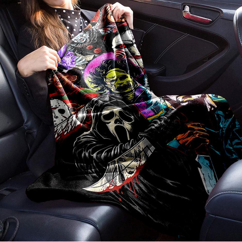For Horror Icons,Halloween Monsters,Film Characters-Themed Flannel Blanket, Glam Style, Digital Print, All-Season Comfort, Tear-Resistant, K