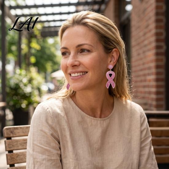 Pink Ribbon Fan Earrings 1 Pair Breast Cancer for Women Glitter Rhinestone Charity Event Accessories Drop Dangle Earrings Awareness Jewelry Gift