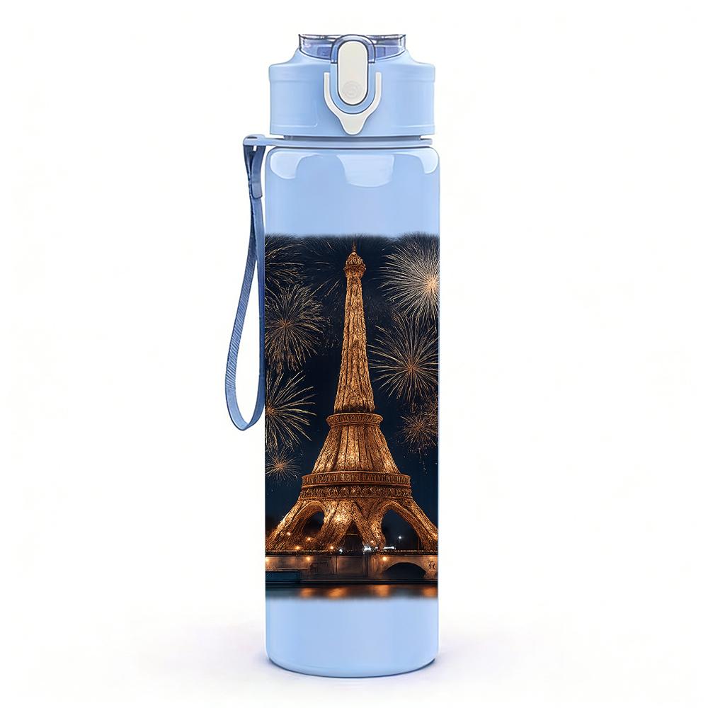 1PC Eiffel Tower Night Scene 750ml Color Plastic Sports Water Bottle Leakproof Flip Straw Lid For Sports Office Home Use