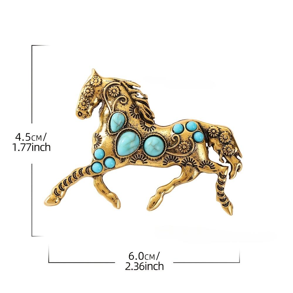 Running Horse Brooch - Golden/Silvery Tone Metal Pin with Turquoise Accents | Retro Western Style Decorative Jewelry Accessory