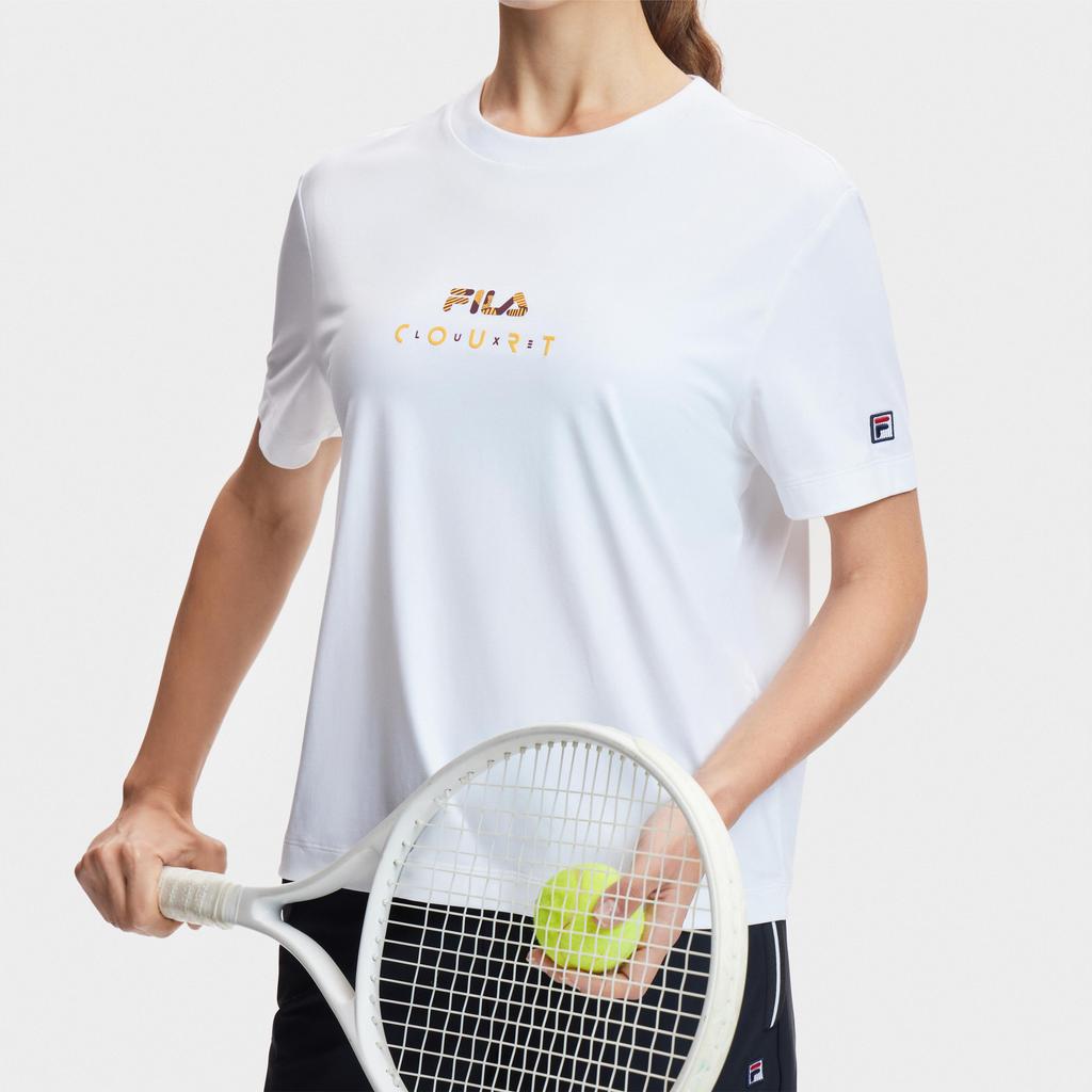 Fila Логотип Летние виды спорта Ледяной шелк Защита от солнца Быстросохнущая Уличная Облегающая футболка с круглым вырезом и коротким рукавом Женские футболки Ярко-белый A11W423124FWT