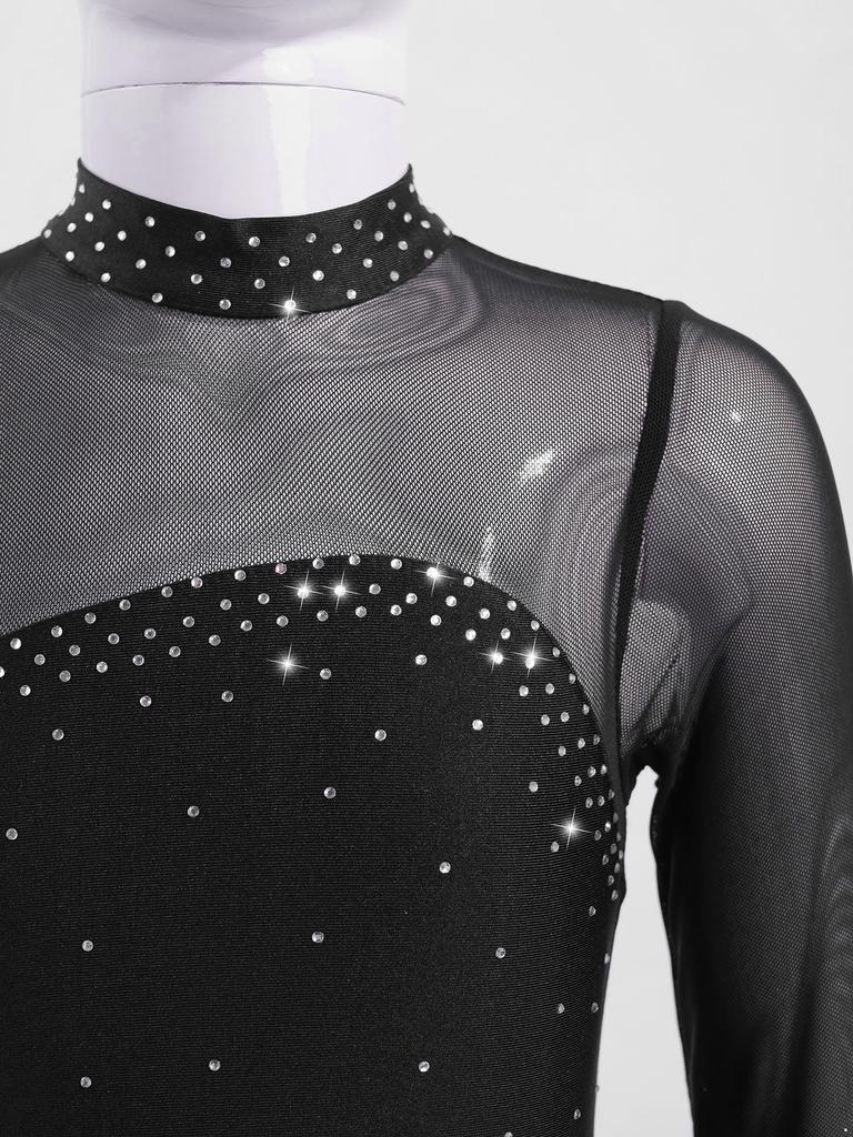 Shiny Rhinestones Dance Leotard for Girls Sheer Mesh Long Sleeves with Keyhole Back Figure Skating Ballet Dress