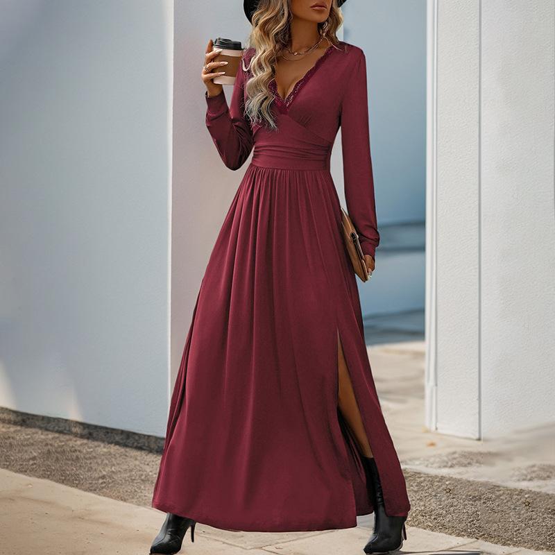 Lace Dress Popular European And American Autumn And Winter Elegant Slim Split Dress