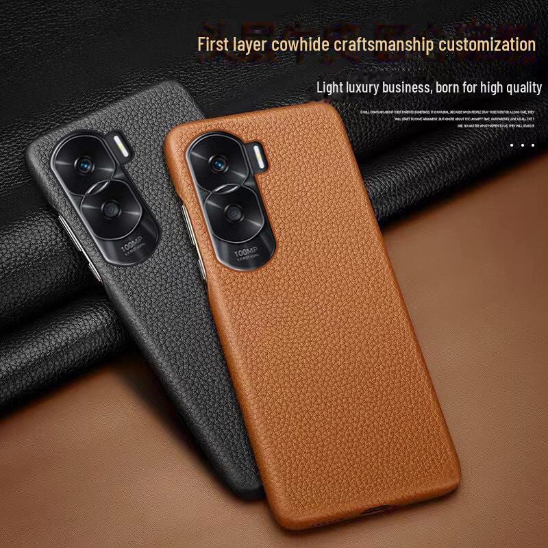 Honor X50 Cowhide Litchi Pattern Leather Protective Cover - High-end genuine leather half-cover back case for Honor X50 and X50i.