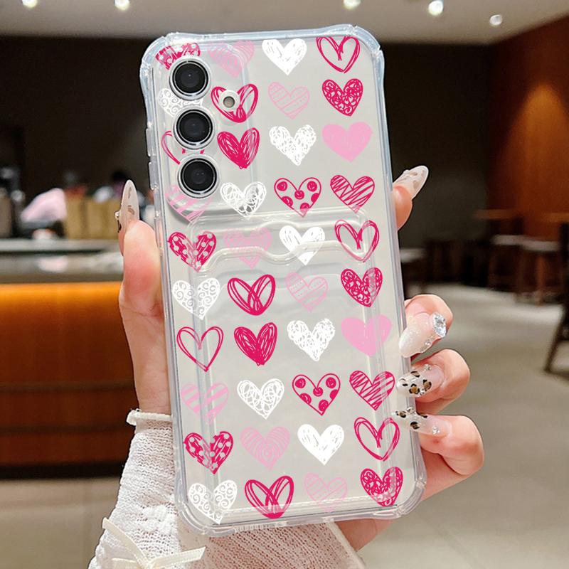 Розовый узор в виде сердец любви, противоударный прозрачный чехол для Samsung S24 FE S23 Ultra S22 A16 A55 A54 A35 A15, мягкий силиконовый слот для карт, прозрачный чехол для телефона
