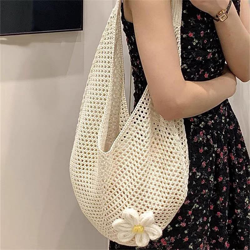 Women'S Braided Bag Korean Style Shoulder Tote Bag Lazy Style Knitted Hollow Flower Beach Bag