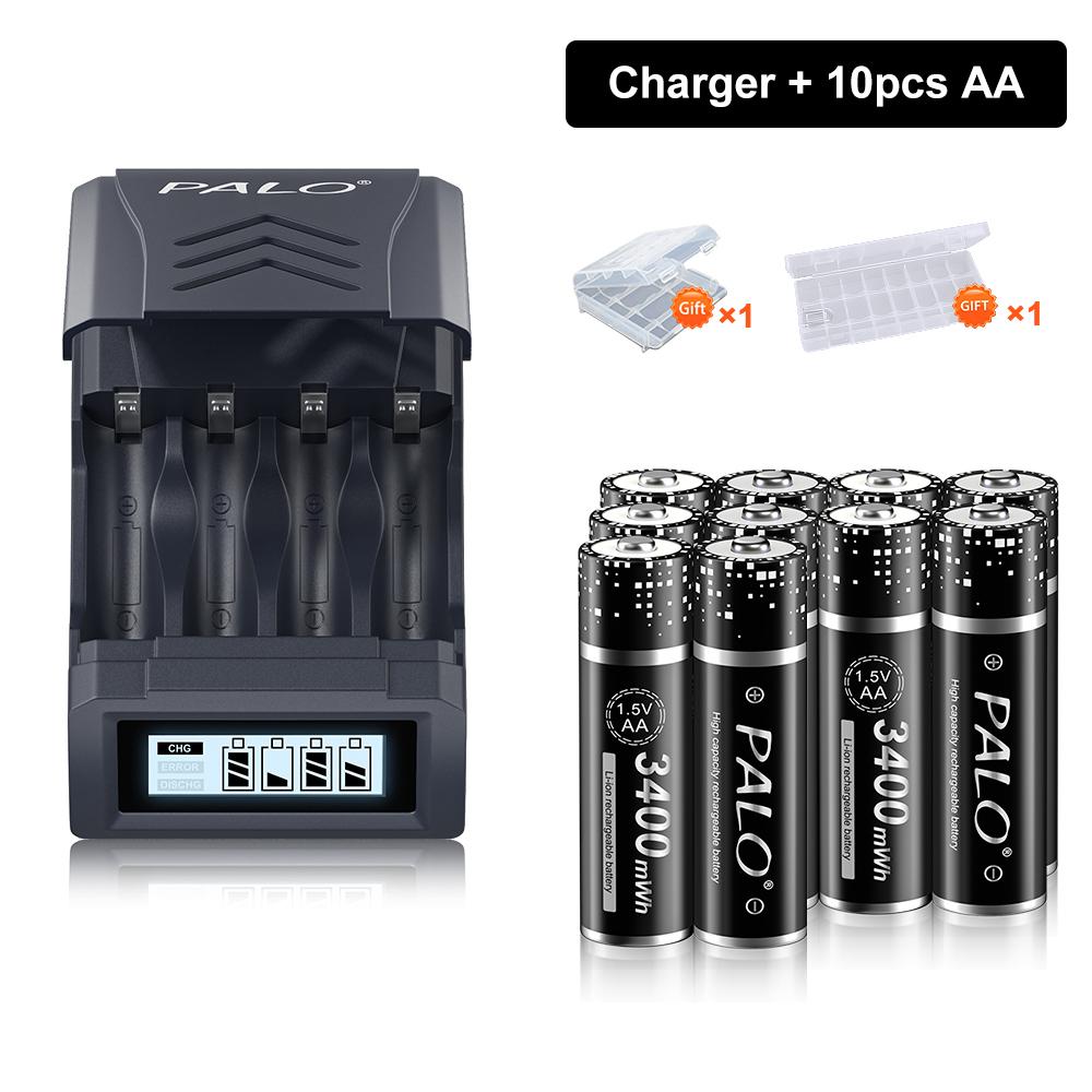PALO 1.5V AA Li-ion Rechargeable Battery AA 1.5V 3400mWh Lithium AA Li-ion with 4 Slots Battery Charger for 1.5V AAA AA Li-ion Battery