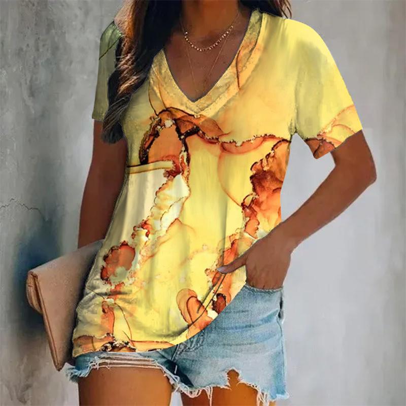 Женская новая футболка с короткими рукавами и V-образным вырезом, цветной принт, короткий рукав, свободный женский топ, дышащая футболка в стиле Y2K