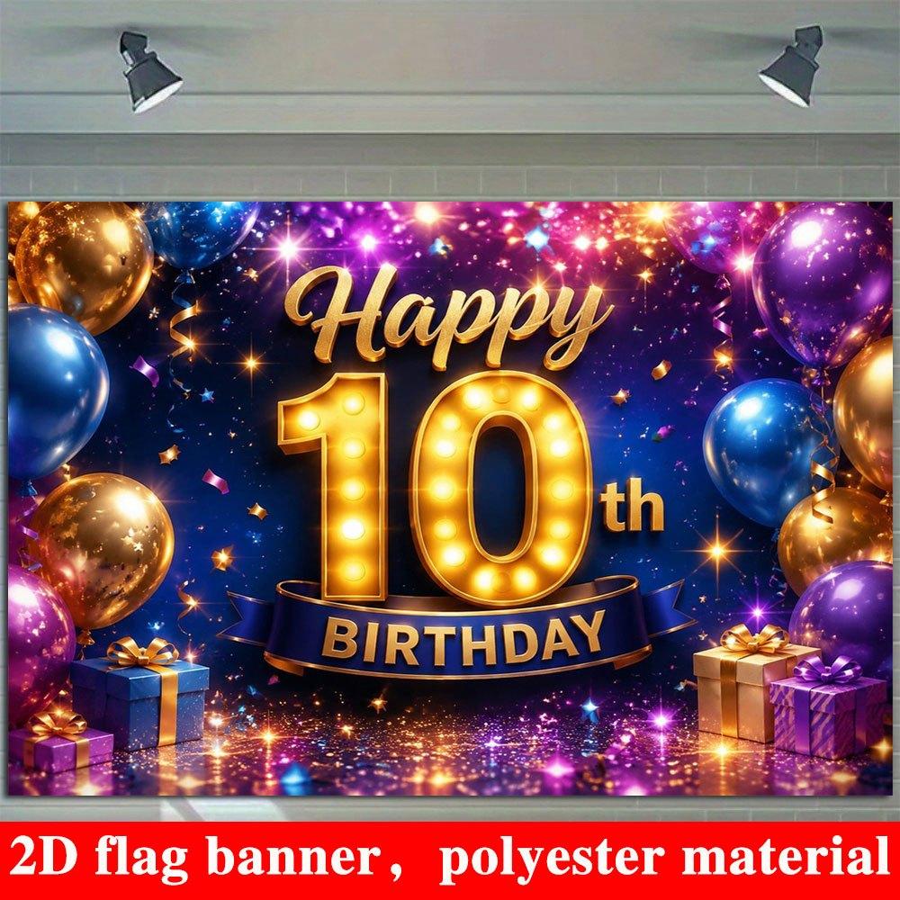 2D Flat Banner, 10th Birthday Party Backdrop, Shiny Balloons, Gift Boxes, Ribbons, Polyester