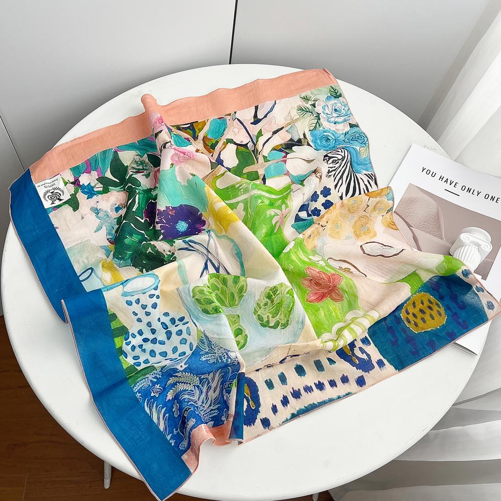 French romantic versatile small fresh pure cotton square scarf women's summer thin fashion foreign temperament silk scarf decorative scarf