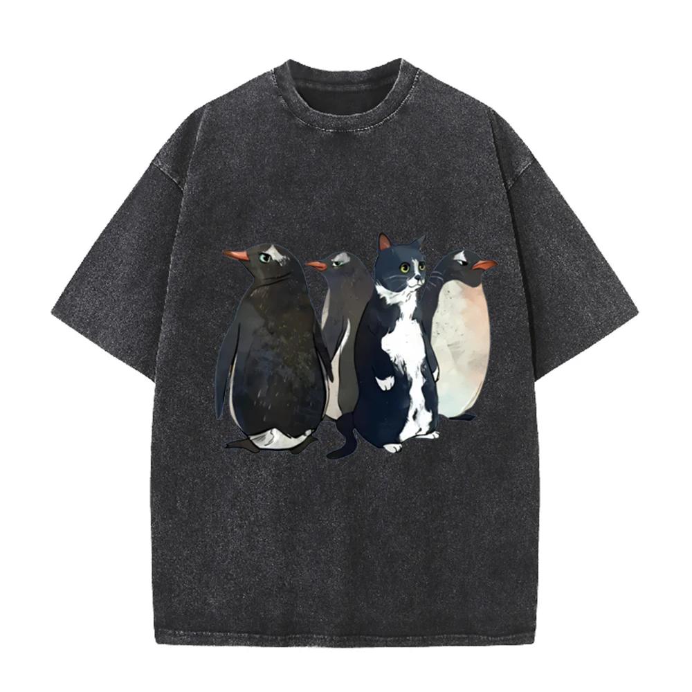 2026 Funny Cat In Penguin Group T Shirt Vintage Washed Beige Graphic Tee Unisex Casual Top