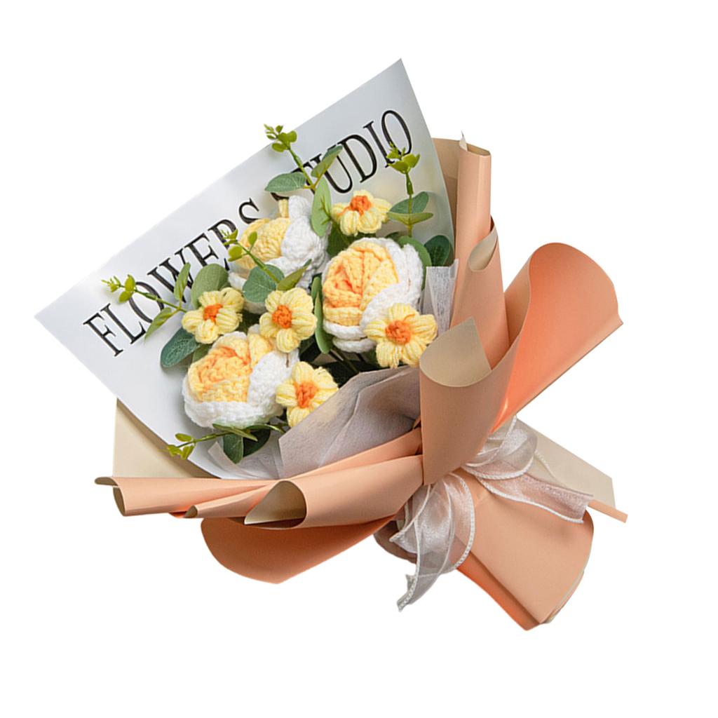 Crochet Flower Bouquet with LED String Lights Gift Bag for Mother's Day Gift, Knitted Bouquet Artificial Rose Flowers