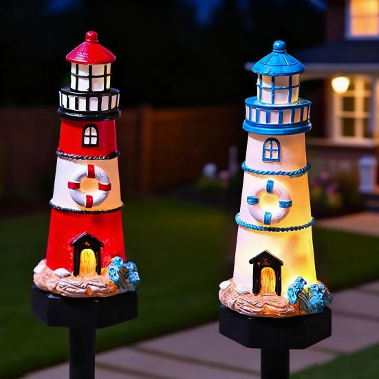 Lighthouse Solar Light Outdoor Waterproof Garden Solar Light Decorative Lighthouse Walkway Light with Spike for Flower Beds Courtyard Patio