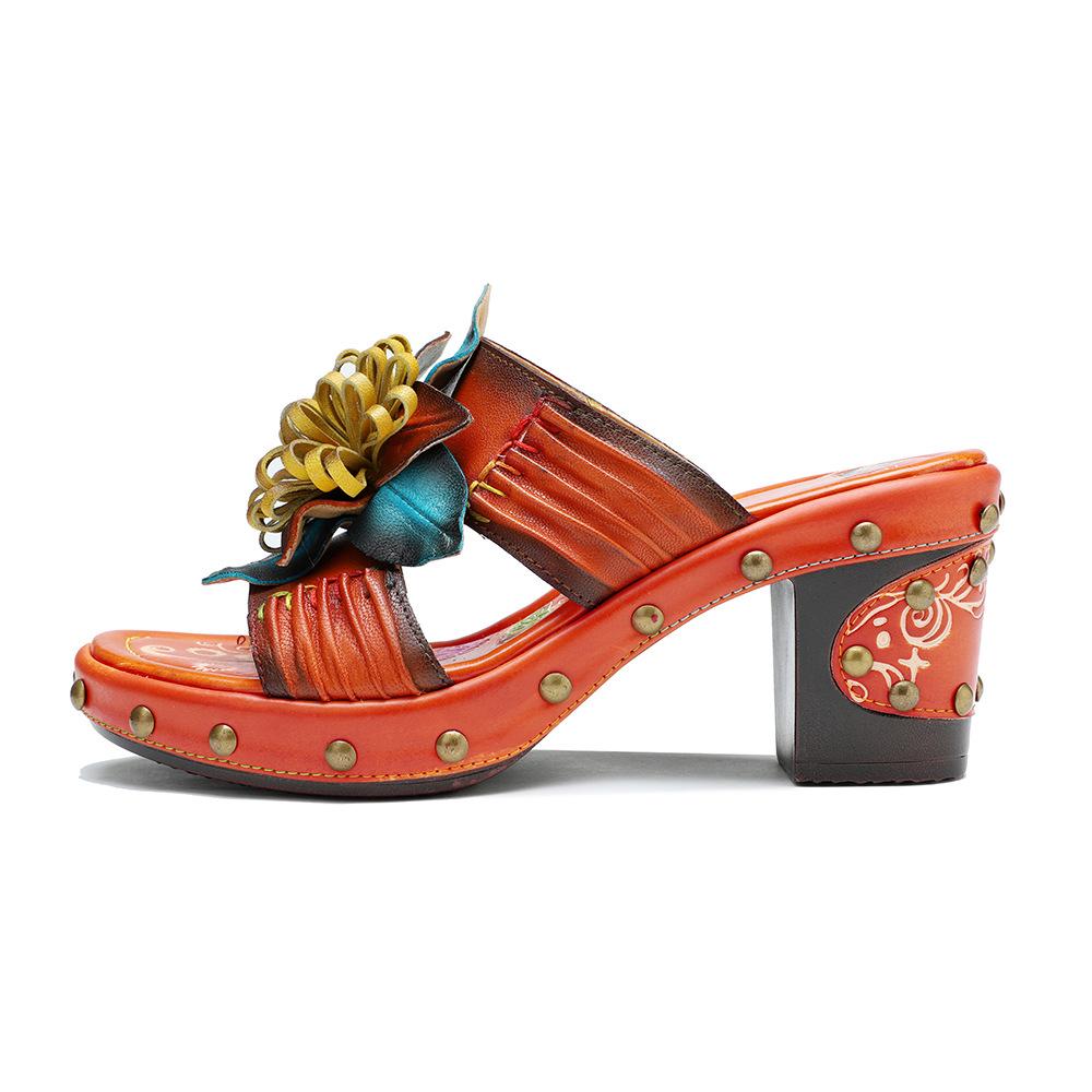 Johnature Женская обувь из натуральной кожи с ручной росписью, уличные тапочки, шлепанцы на высоком каблуке в стиле ретро, ​​босоножки на платформе