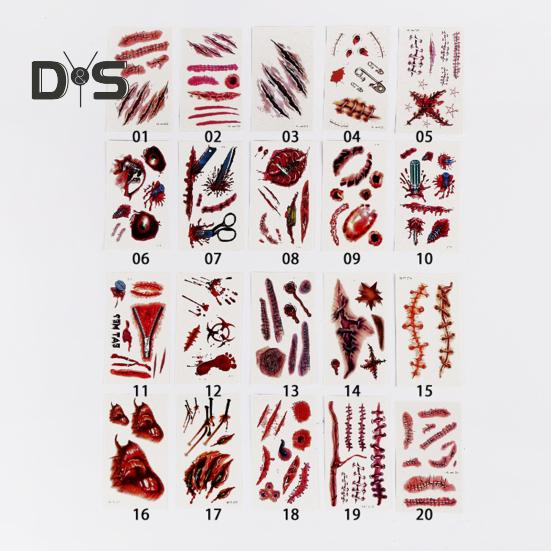 20Pcs Tattoo Stickers Realistic Fake Blood Scars Cuts Injuries Halloween Zombie Makeup Tattoo Sticker Waterproof Temporary Scar Wound Prank Props