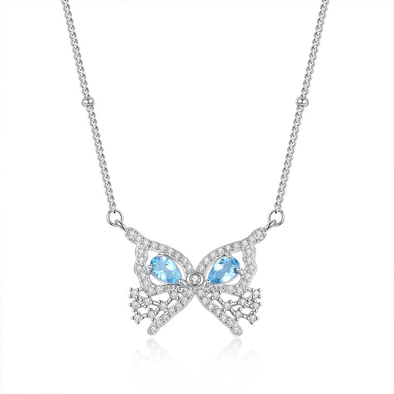 New S925 whole body sterling silver natural crystal stone full diamond pendant inlaid with butterfly colored treasure necklace women