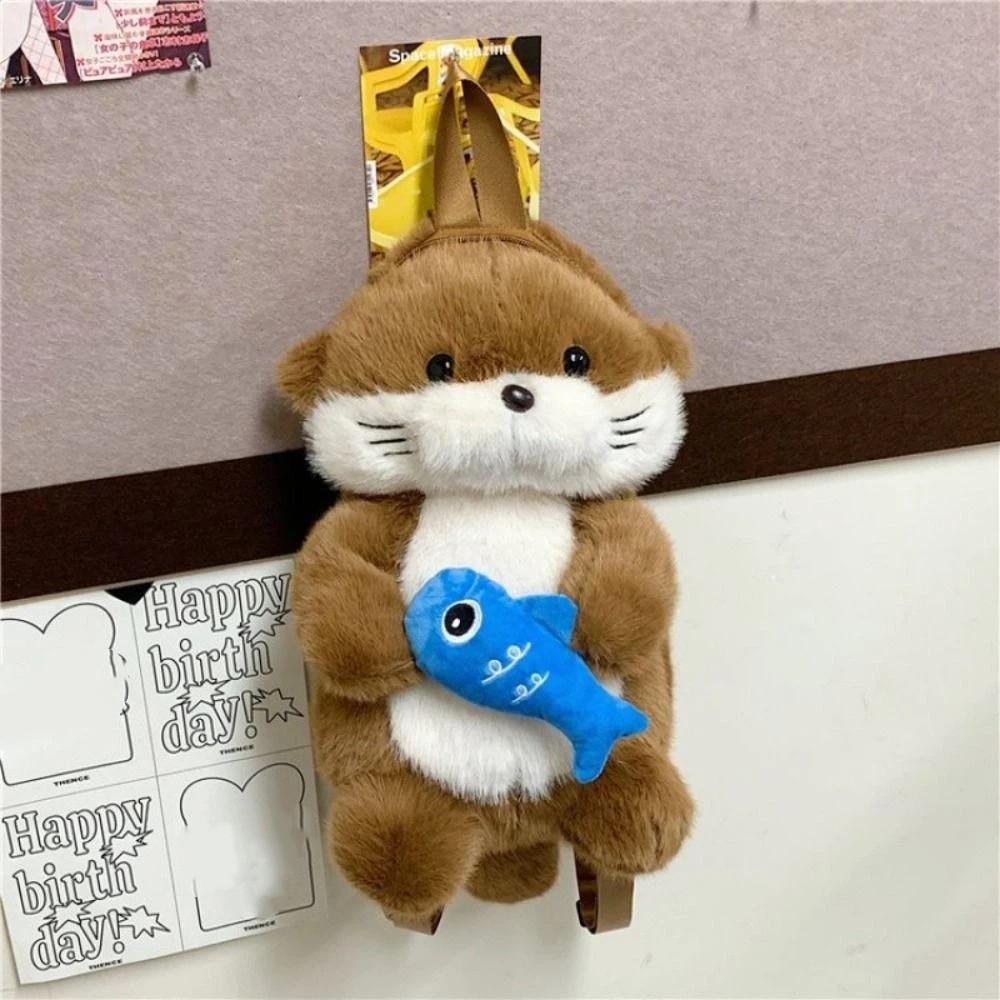 Holding Fish Otter Plush Backpack Realistic Look Student School Bag Shopping